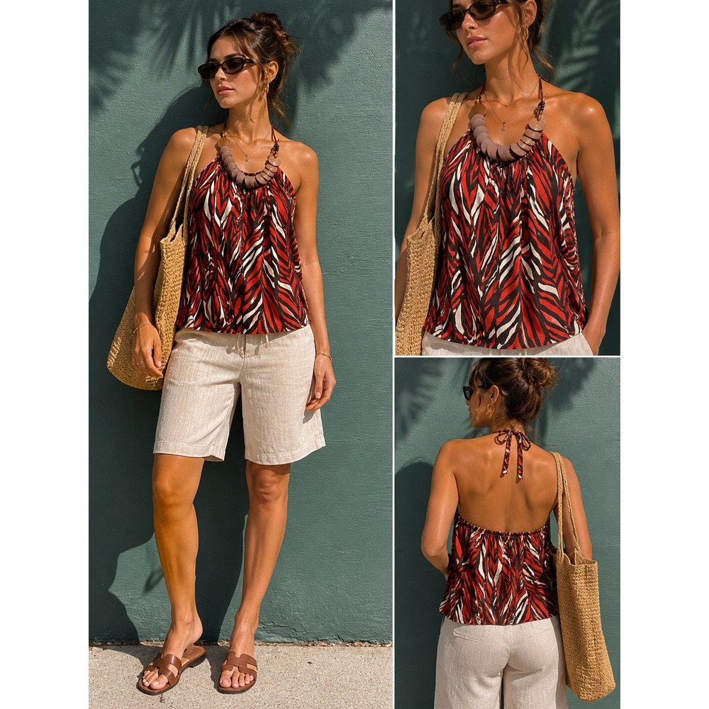 Y2K Cotton Halter Top Boho Wooden Disc Neckline Abstract Print Rust Brown Medium